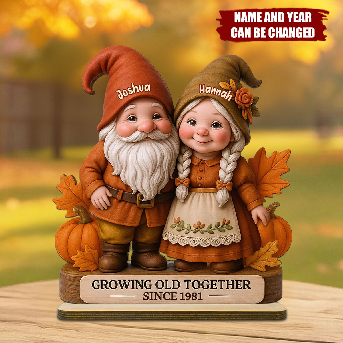 3D Effect Fall Season Dwarf Couple - Personalized Standing Wooden Plaque