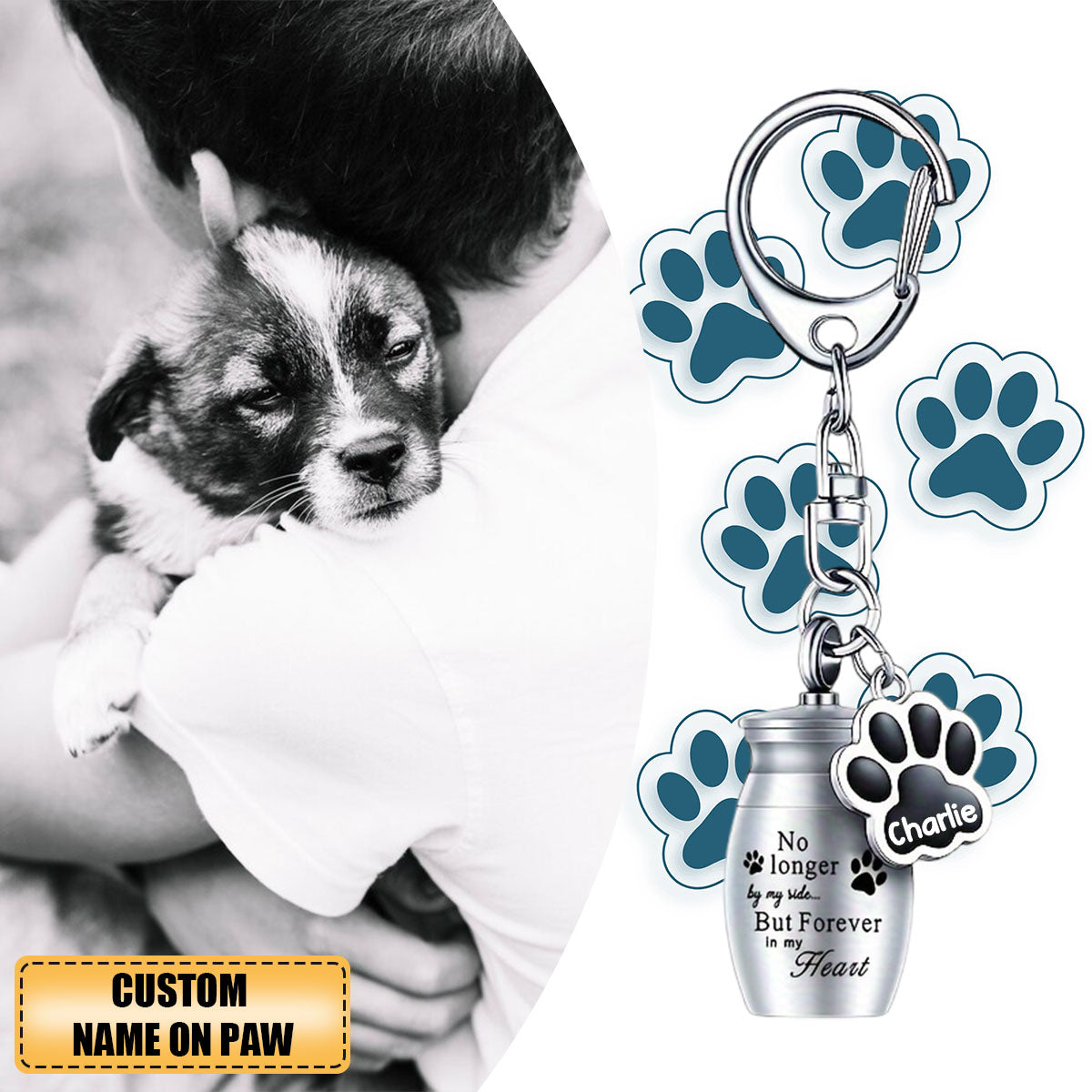 Pet Memorial Ashes Urn With Paw Print Personalized Keychain, Clasp Closure Keepsake