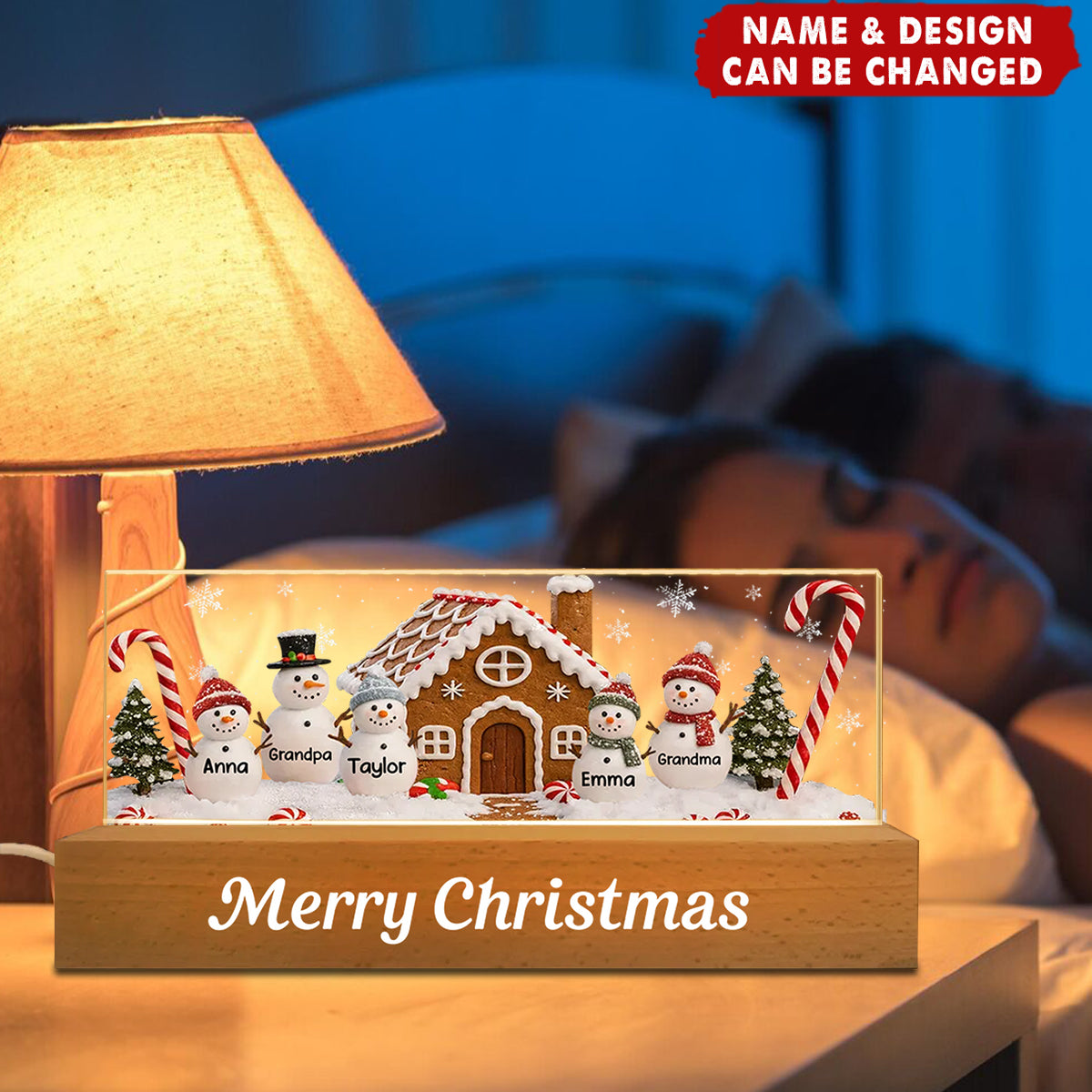 3D Effect Snowman Family Grandparents In Snow - Personalized Acrylic Block LED Night Light