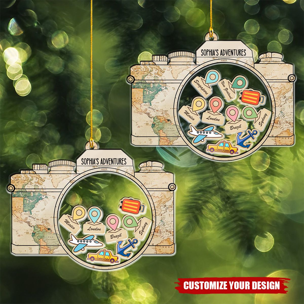 Personalized Travel Adventures Ornament, Travel Christmas Ornament, Custom Shaker Ornament
