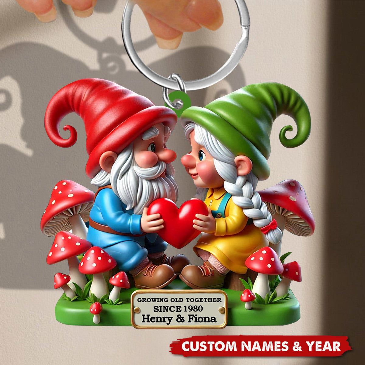 Growing Old Together Dwarf Holding Heart Personalized Couple Keychain