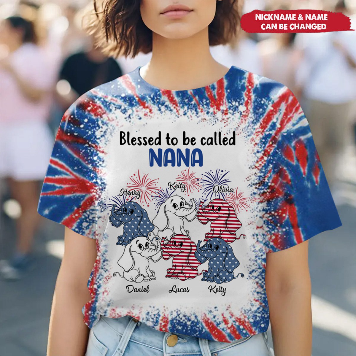 USA July 4th Grandma Mom Elephant Personalized Nickname Names Independence Day Gift 3D T-shirt