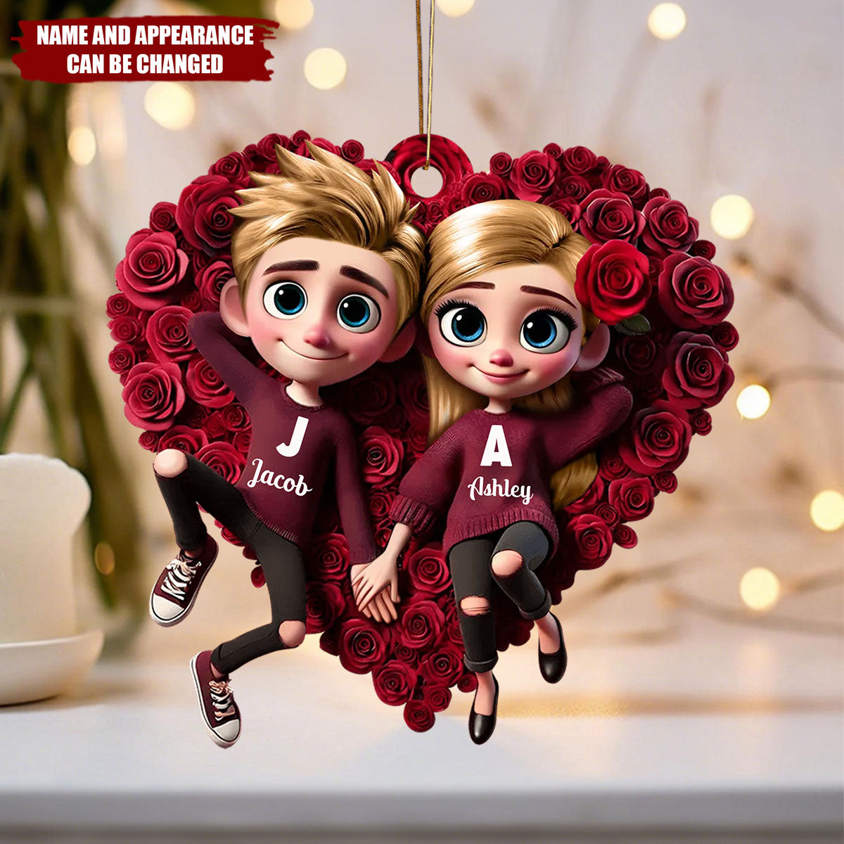 Rose Heart Couple - Personalized Christmas Acrylic Ornament, Valentine's Day Gift for her, Gift for him