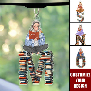 Book Lovers Sit On Alphabet Letter - Personalized Acrylic Car Ornament