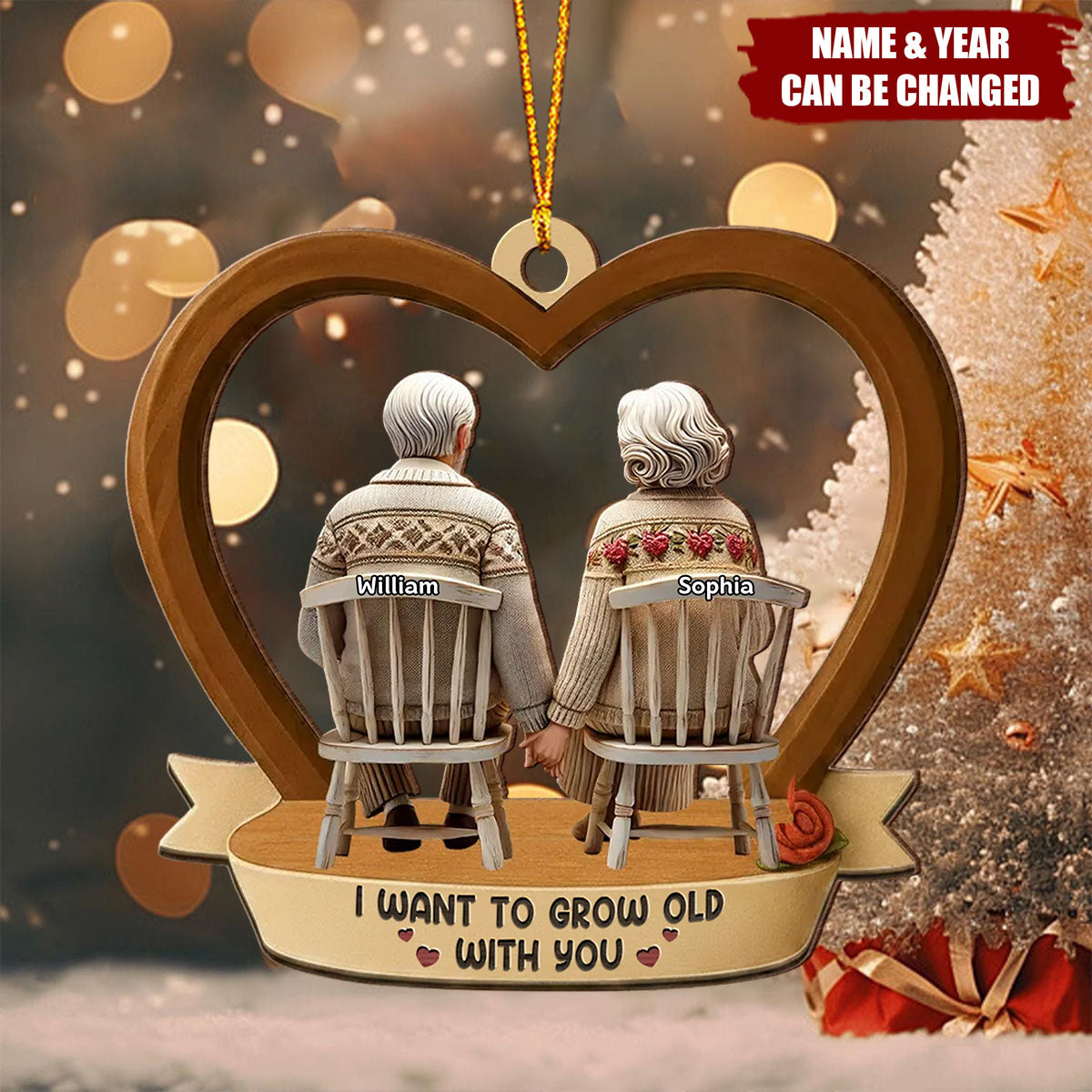 3D Back View Old Couple Growing Old Together - Personalized Wooden Ornament