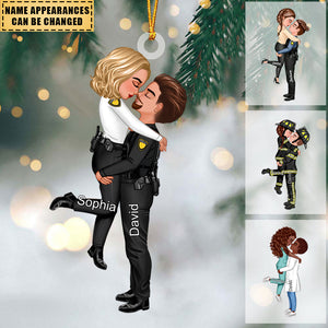 Christmas Doll Couple Kissing Hugging - Personalized Ornament