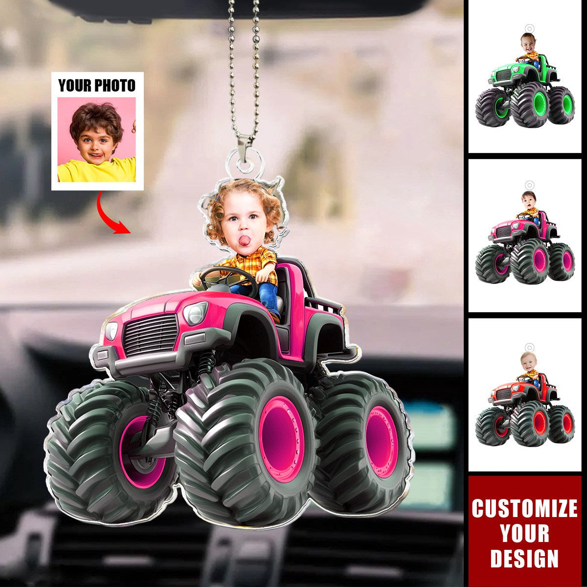 Custom Face Kid Riding Monster Truck - Personalized Acrylic Car Ornament, Gift For Toddler, Kid