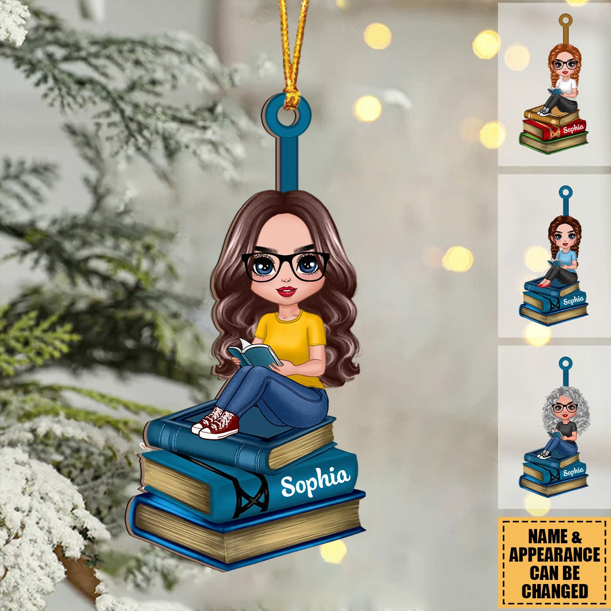 Reading Girls Sitting On Books Personalized Wooden Ornament