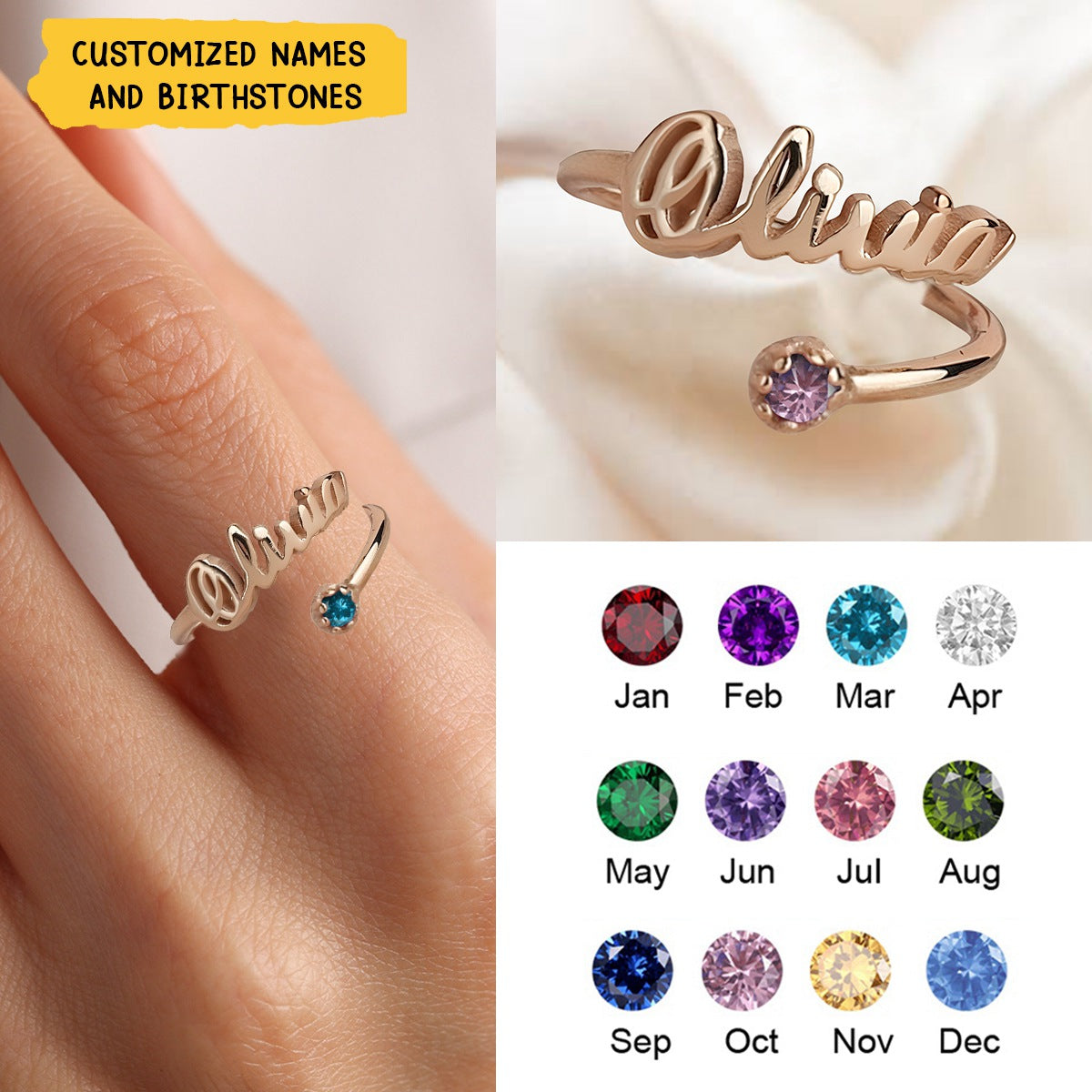 Custom Name Ring With Birthstones - Personalized Name Ring