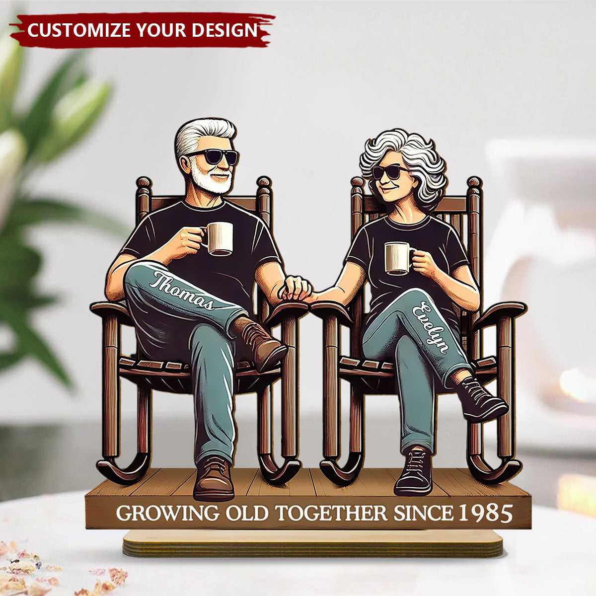 Old Couple Sitting On Front Porch - Personalized Standing Wooden Plaque
