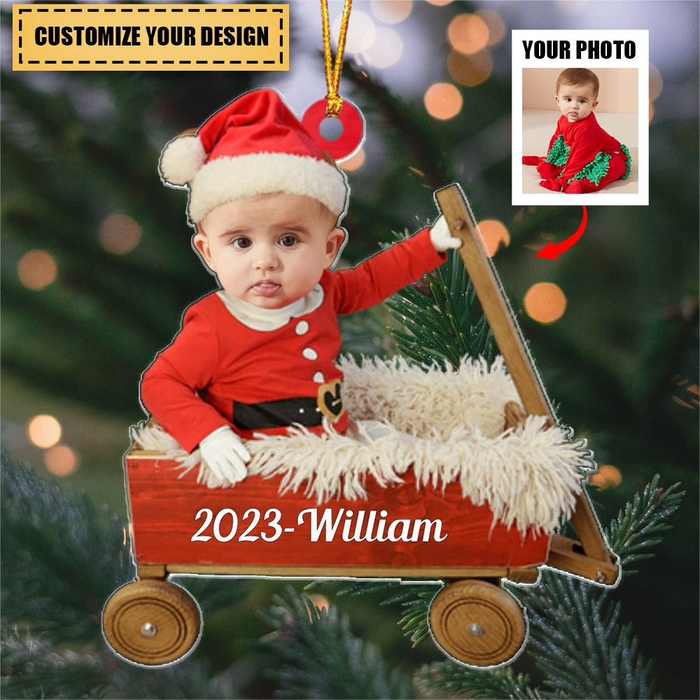 Custom Baby Face - Red Wagon - Personalized Acrylic Photo Ornament