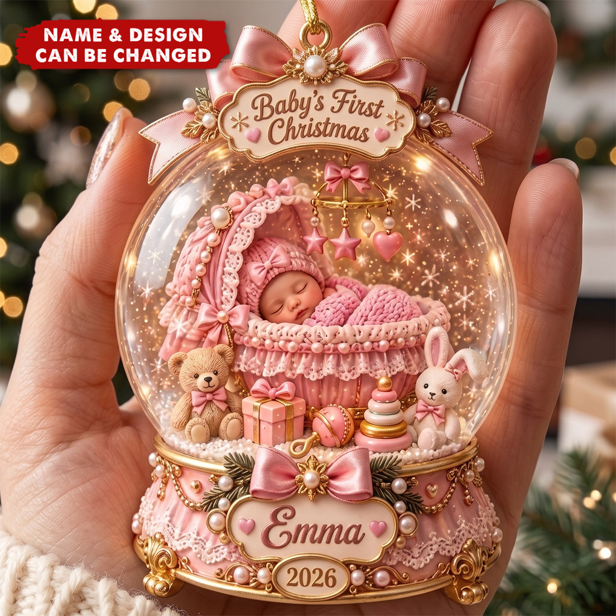 Personalized Baby First Christmas Acrylic Ornament , Custom Name Snow Globe Keepsake