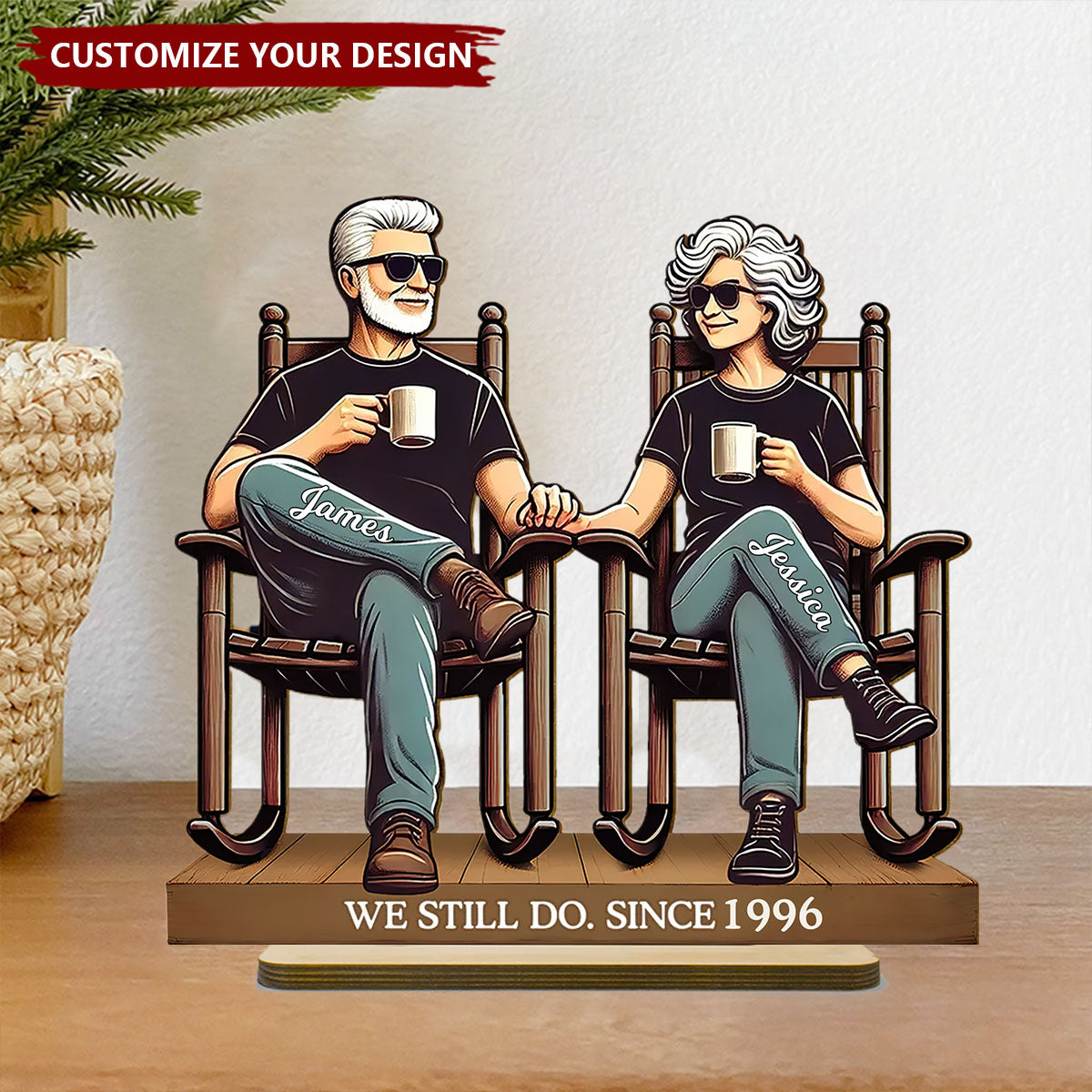 Old Couple Sitting On Front Porch - Personalized Standing Wooden Plaque