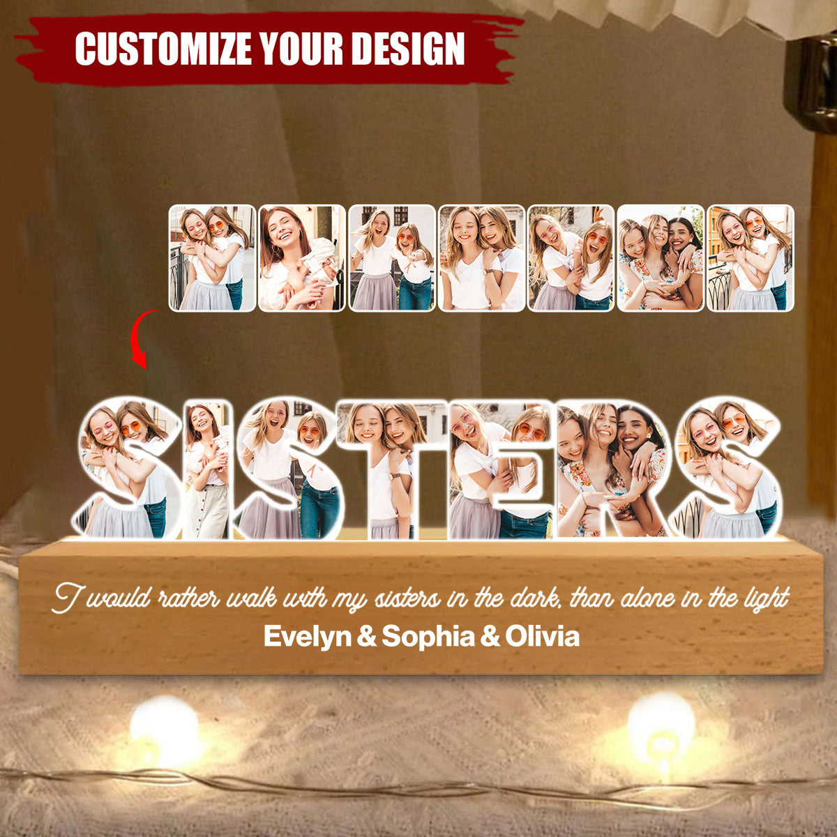 Sisters Photo Collage - Personalized Acrylic LED Night Light, Birthday Gift For Sisters
