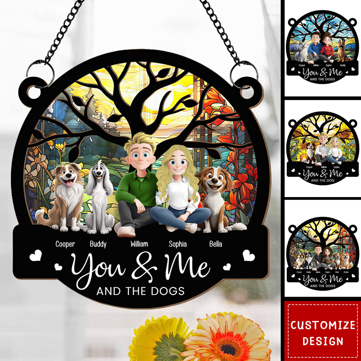 Cartoon Version You & Me And The Dogs - Personalized Window Hanging Suncatcher Ornament