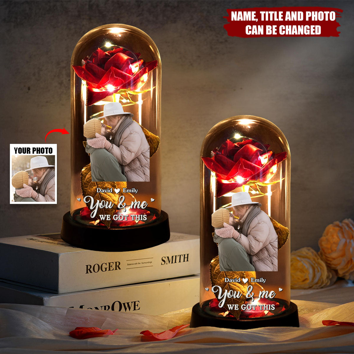 Custom Photo You Light Up My World - Couple Personalized Eternal Rose Dome Light - Gift For Husband Wife, Anniversary