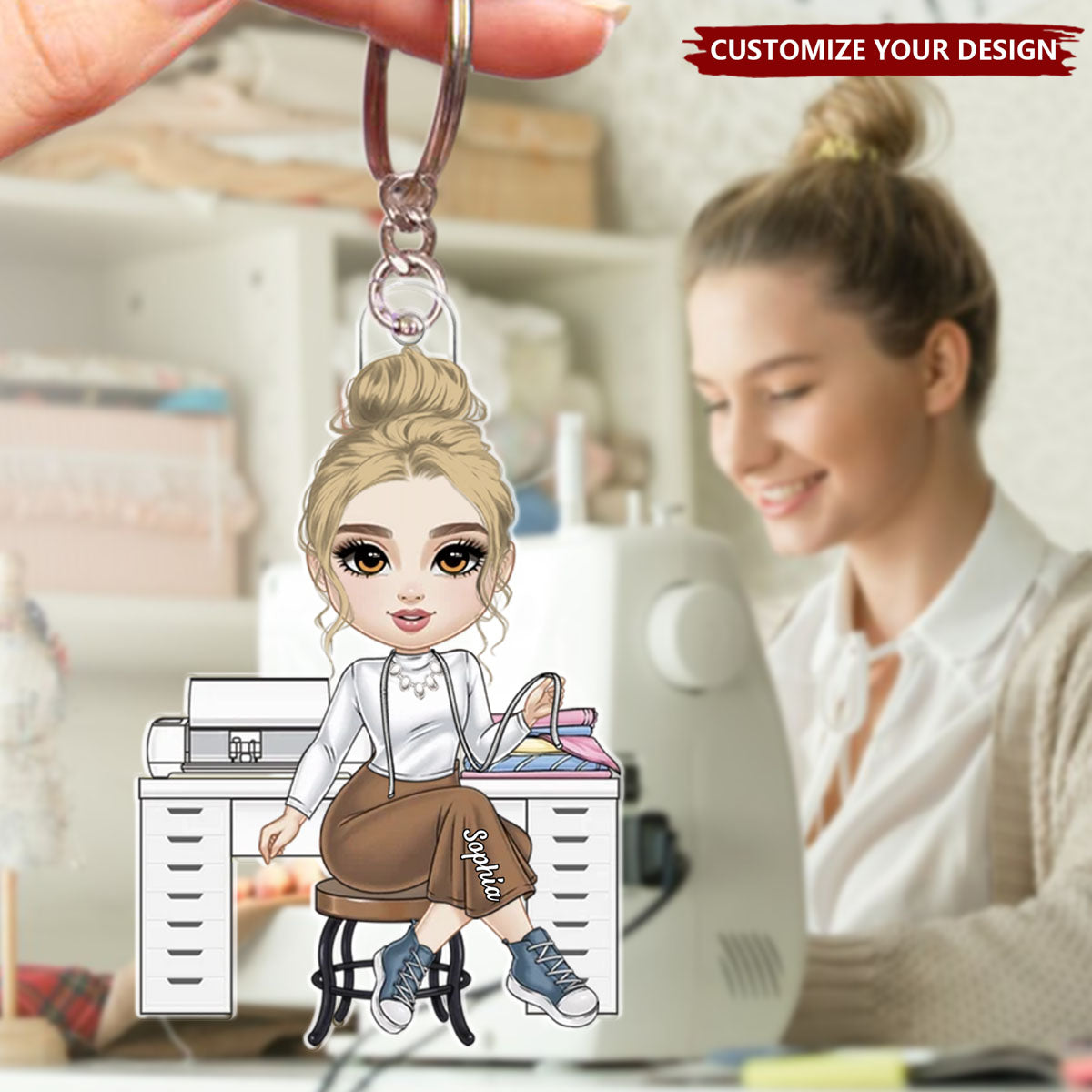 Cartoon Girl Love Sewing - Personalized Acrylic Keychain