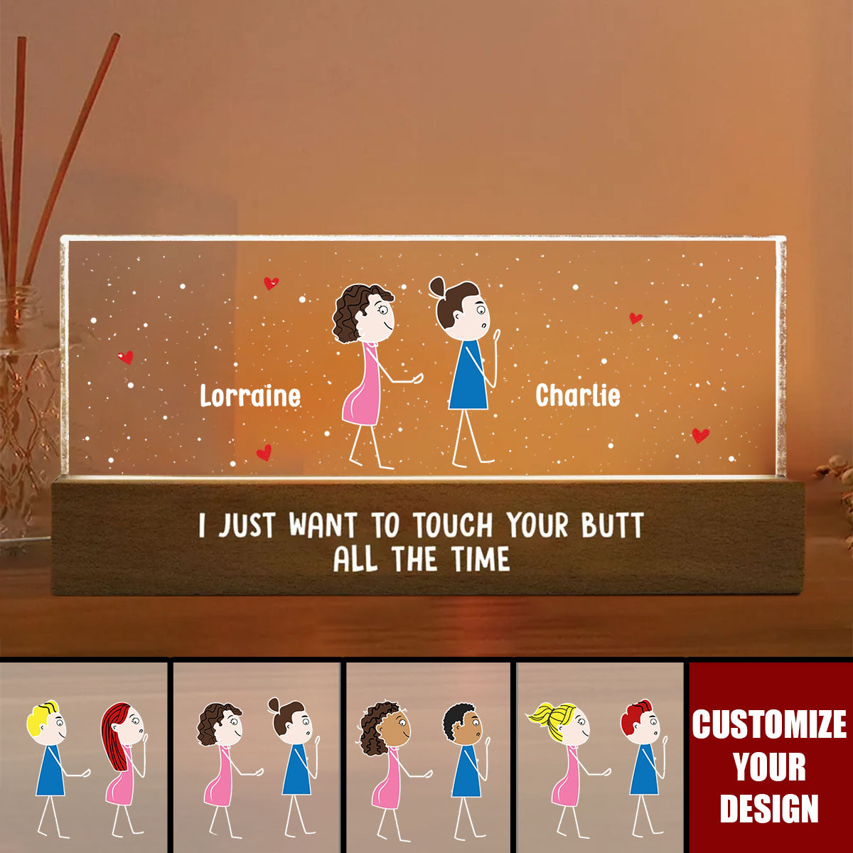 Funny Couple Touch Your Butt All The Time - Personalized Acrylic LED Night Light, Valentine's Day Gift For Him, For Her
