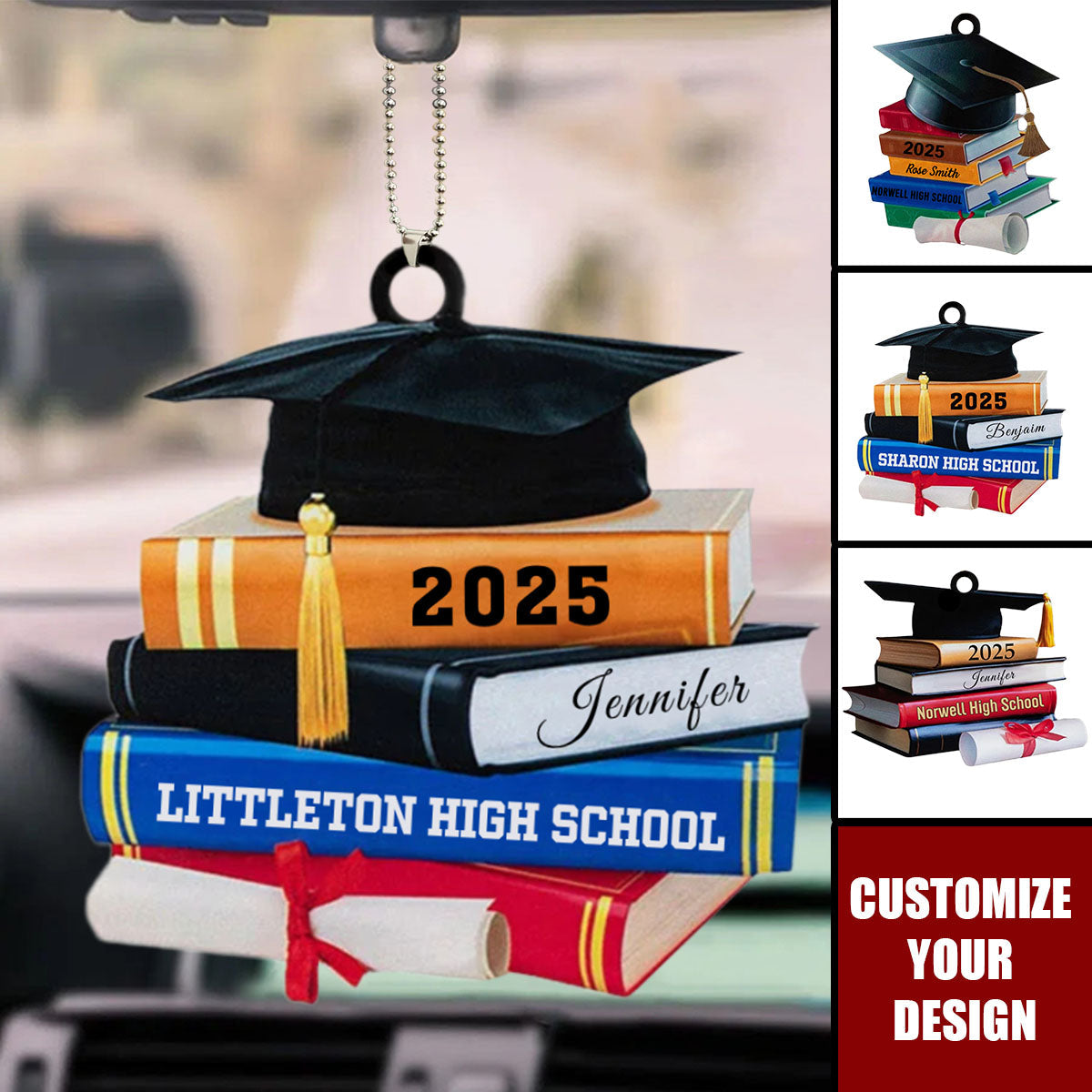 Graduation Cap And Books - Personalized Acrylic Car Ornament, Gift For Graduates
