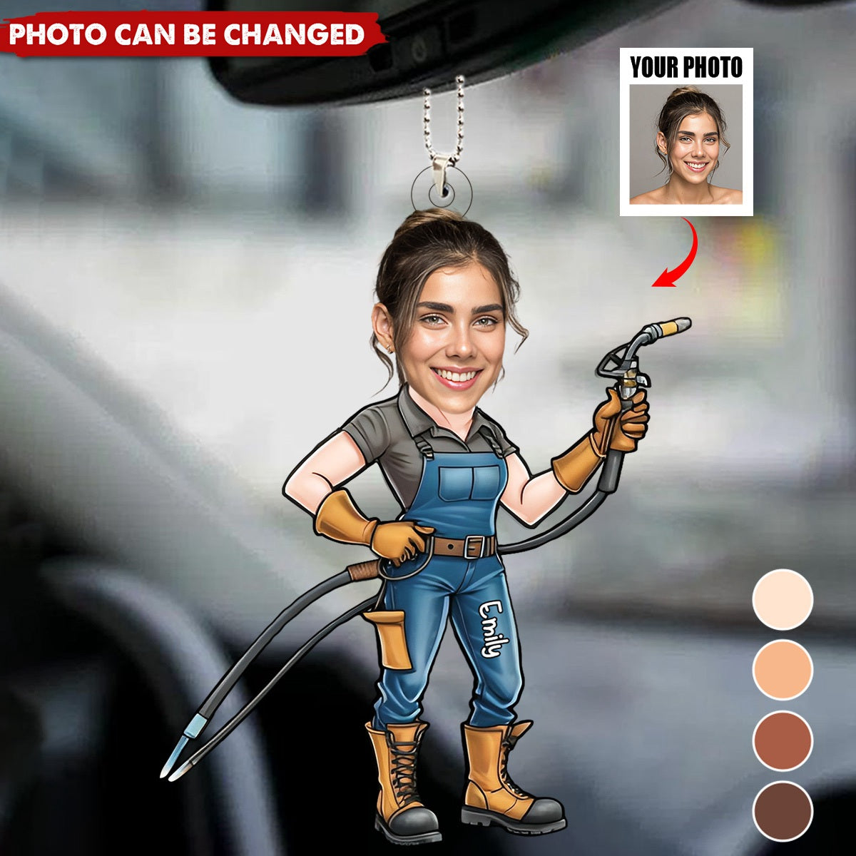 Welder Cartoon Portrait - Personalized Photo Car Ornament - Gift for Metalworker