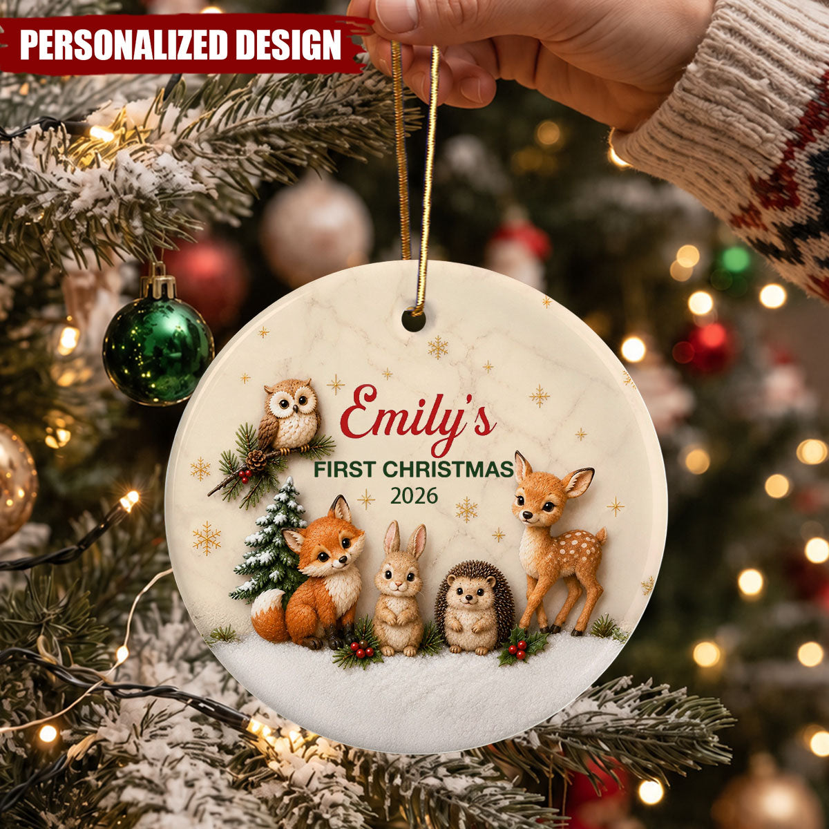 Personalized Baby First Christmas Woodland Animals Ceramic Ornament