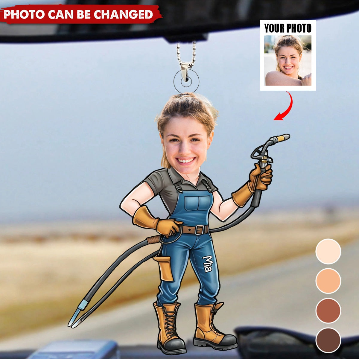 Welder Cartoon Portrait - Personalized Photo Car Ornament - Gift for Metalworker