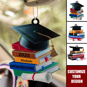 Graduation Cap And Books - Personalized Acrylic Car Ornament, Gift For Graduates