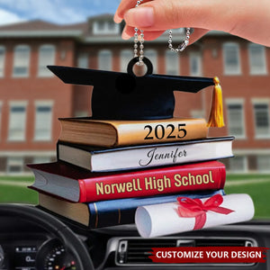 Graduation Cap And Books - Personalized Acrylic Car Ornament, Gift For Graduates