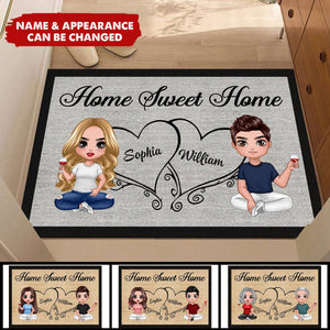 Doll Couple Sitting Home Sweet Home Housewarming Gift Home Decor Personalized Doormat