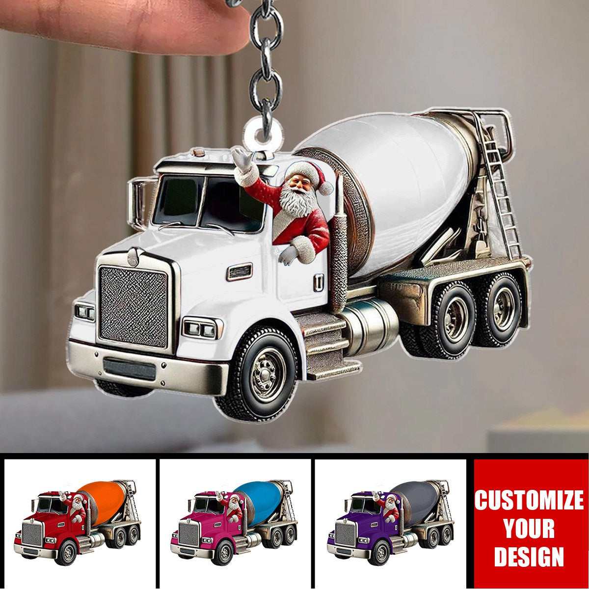 Personalized Cement Mixer Santa Shaped Keychain, Cement Mixer Lover Gift