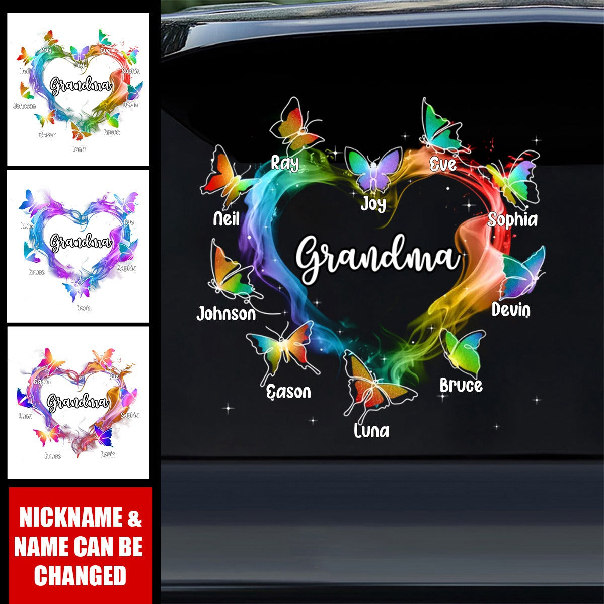 Grandma Mom Colorful Smoke Heart Butterflies Personalized Car Decal