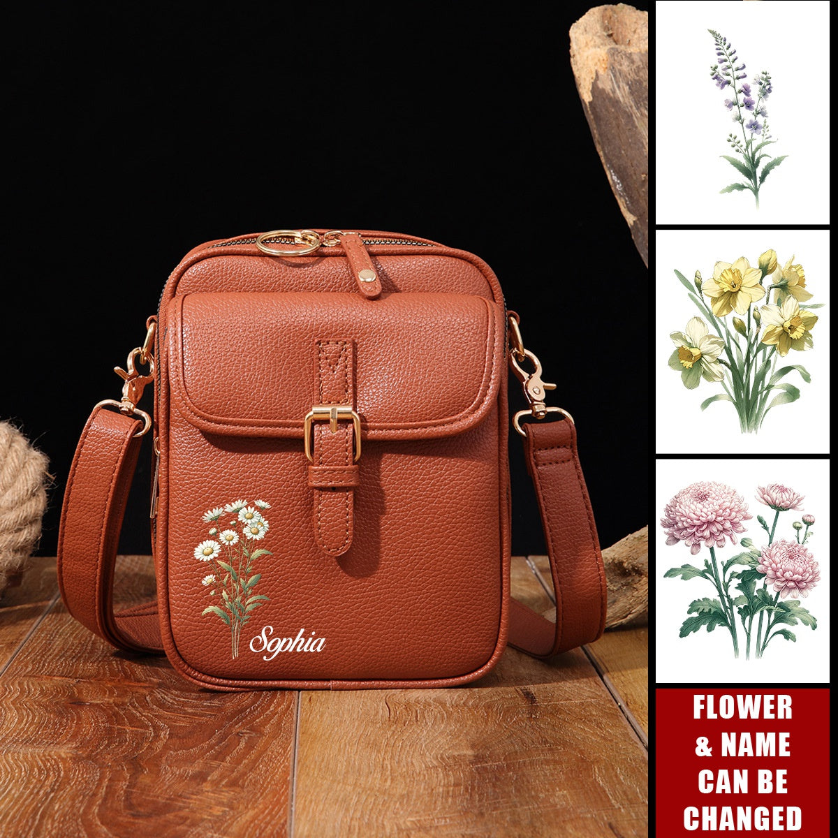 Personalized Birthday Flower Anti-Theft Purse Crossbody Leather Bag