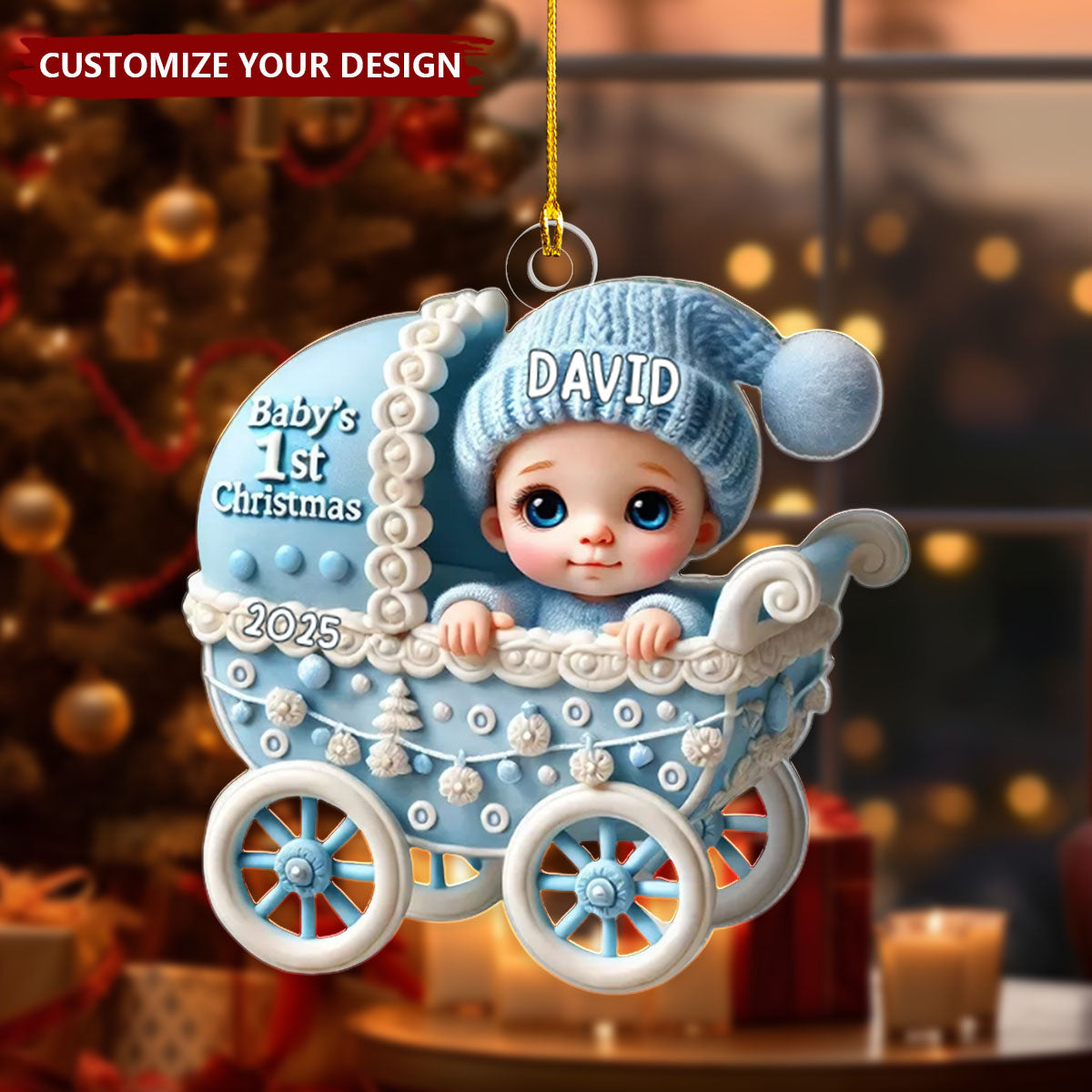 Newborn Baby In Carriage Christmas Personalized Acrylic Ornament