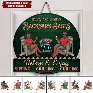Just A Couple, Pool & Patio Sipping Chilling - Couple Personalized Home Decor Wood Sign