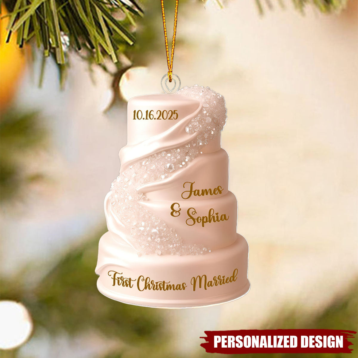 Just Married Keepsake, Wedding Cake Ornament - Personalized Acrylic Custom Shape Ornament