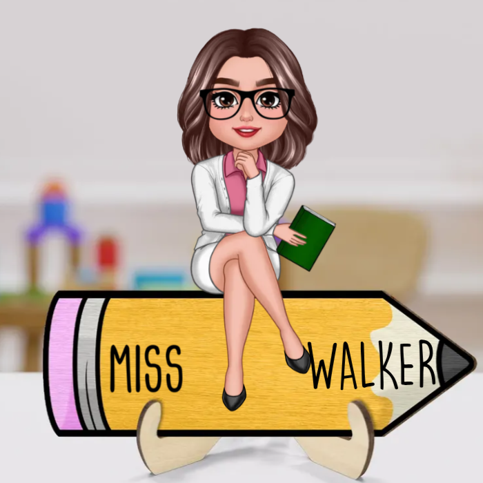 Doll Teacher Sitting On Pencil Personalized 2-Layer Wooden Plaque