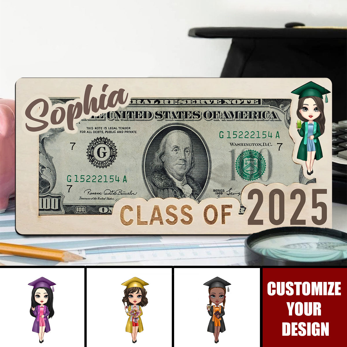 Cartoon Grad Cap Character - Personalized Wooden Money Holder, Gift For Graduates
