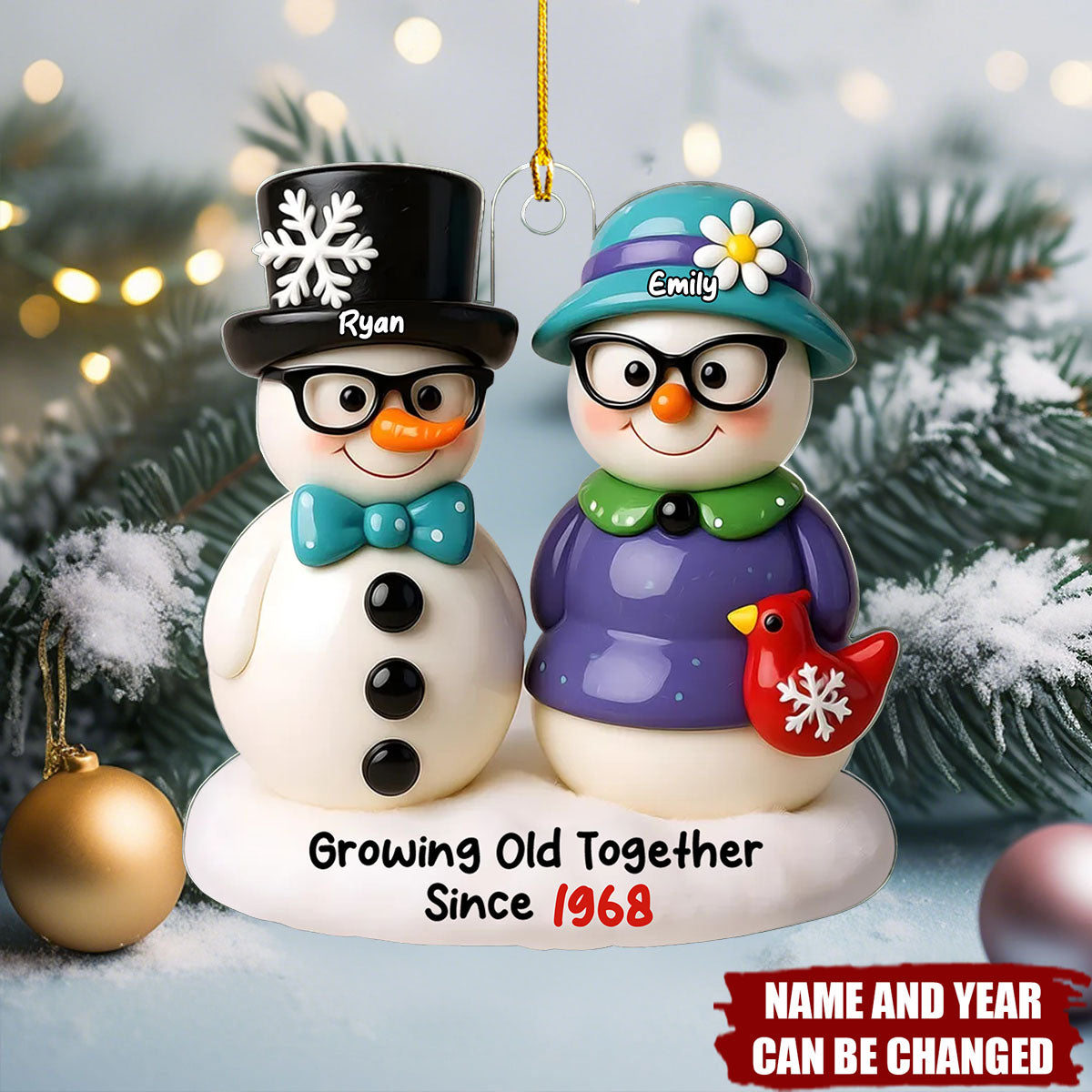 Snowman Couple Growing Old Together - Personalized Acrylic Flat Ornament, Gift For Couple