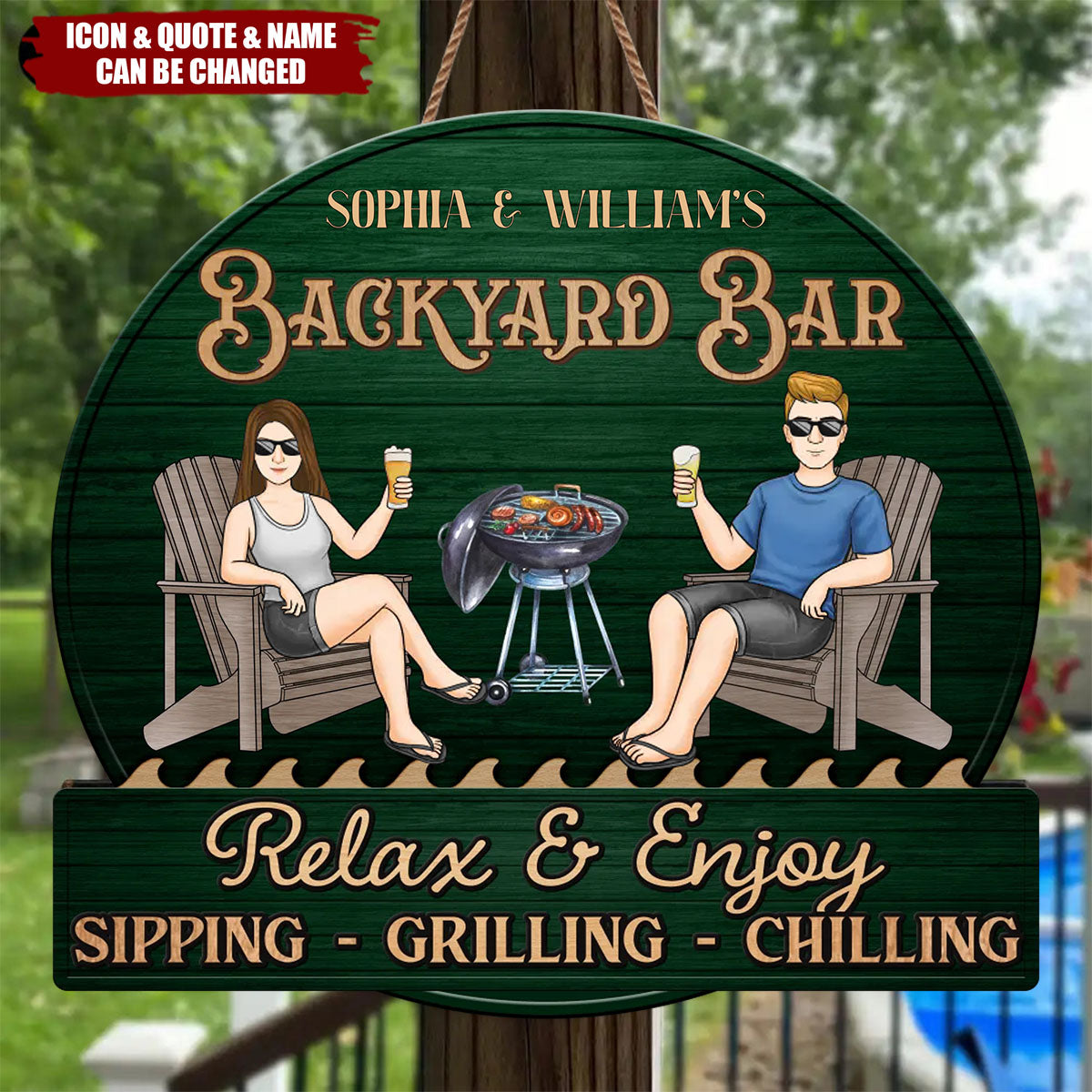 Just A Couple, Pool & Patio Sipping Chilling - Couple Personalized Home Decor Wood Sign