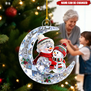 3D Crystal Effect Grandma Grandkid Snowman On Moon - Personalized Acrylic Ornament