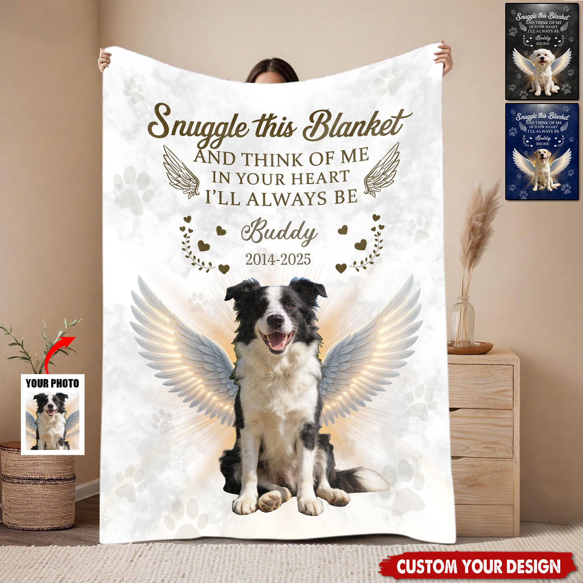 Snuggle This Blanket And Think Of Me - Personalized Angel Dog Memorial Photo Custom Blanket