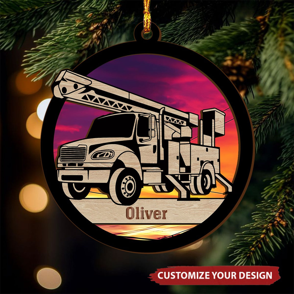 Custom Lineman Truck Ornament - Personalized 2-Layer Wooden Ornament