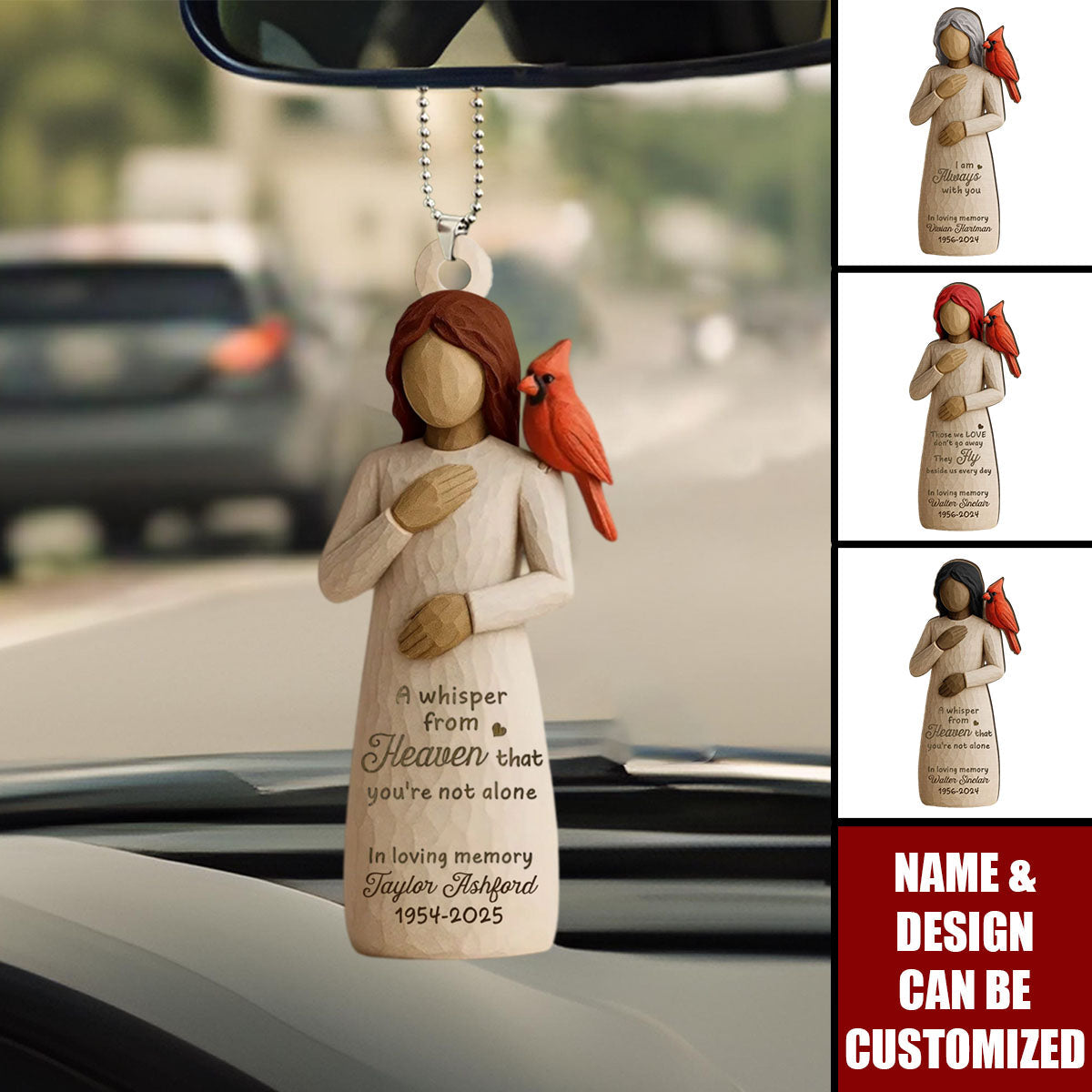 Always With You Cardinal & Woman Personalized Car Ornament, Memorial Sympathy Gift