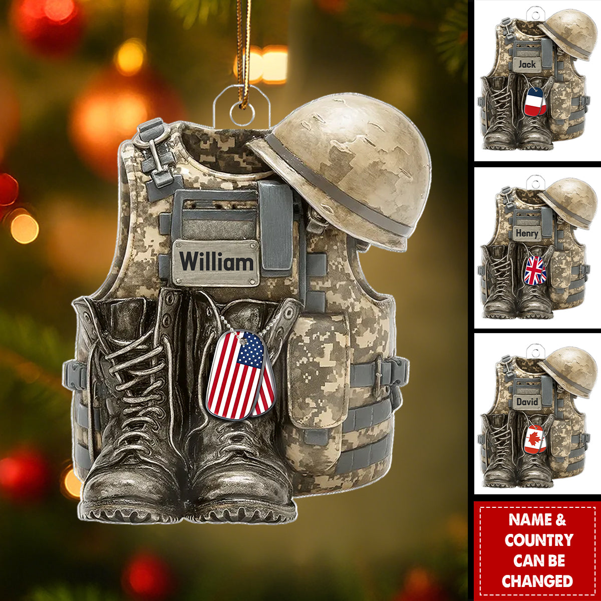 3D Effect Military Combat Vest, Boots And Helmet - Personalized Acrylic Ornament