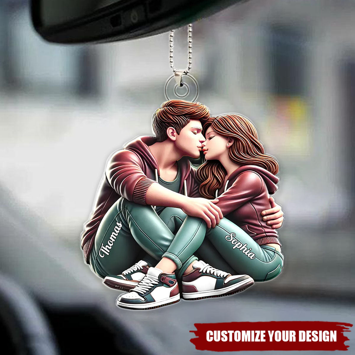 Couple Sitting Kissing - Personalized Acrylic Car Ornament, Gift For Couple, For Him, For Her