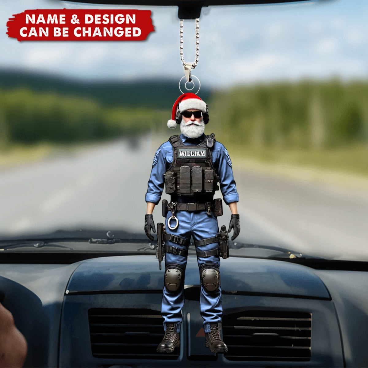 Custom Name & Color Tactical Santa Officer Car Ornament, Unique Holiday Gift for Police