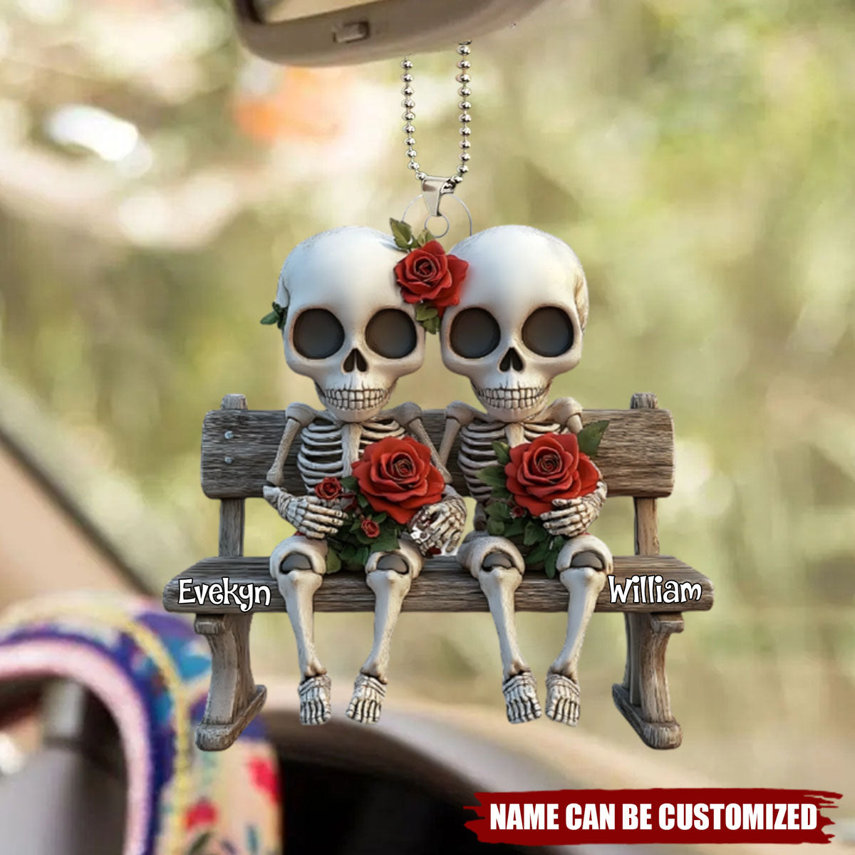 Skull Couple With Red Roses - Personalized Couple Car Ornament