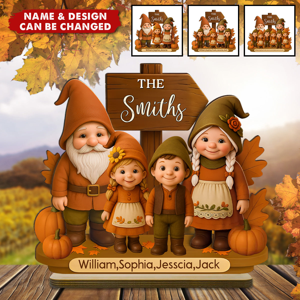 Dwarf Family Fall Season Personalized 2-Layer Standing Wooden Plaque