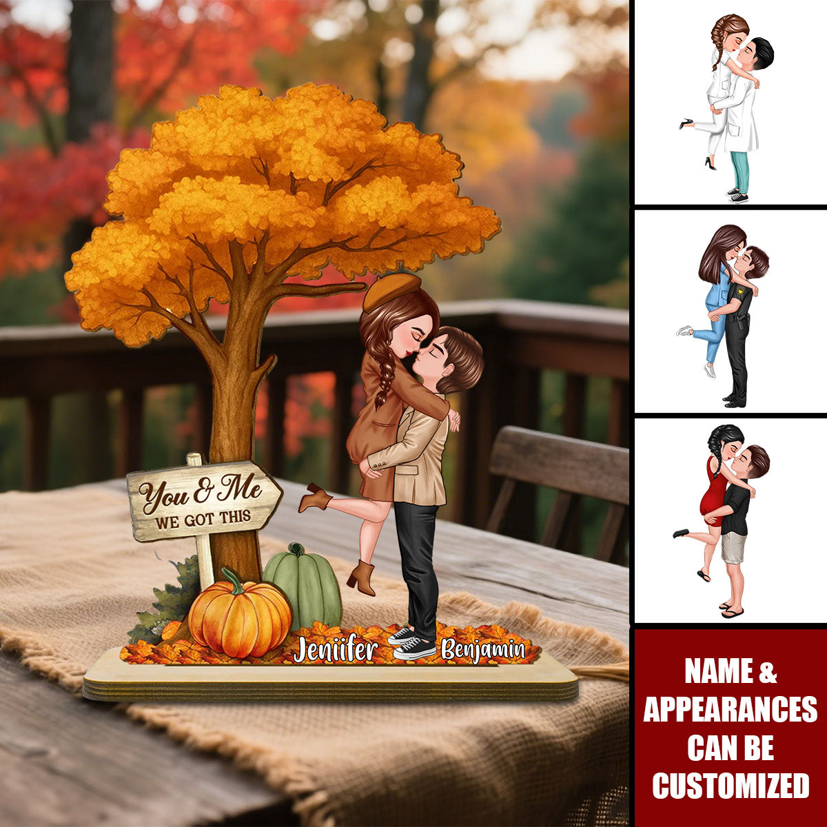 Fall Season Couple Hugging Kissing Under Tree Personalized Standing Wooden Plaque