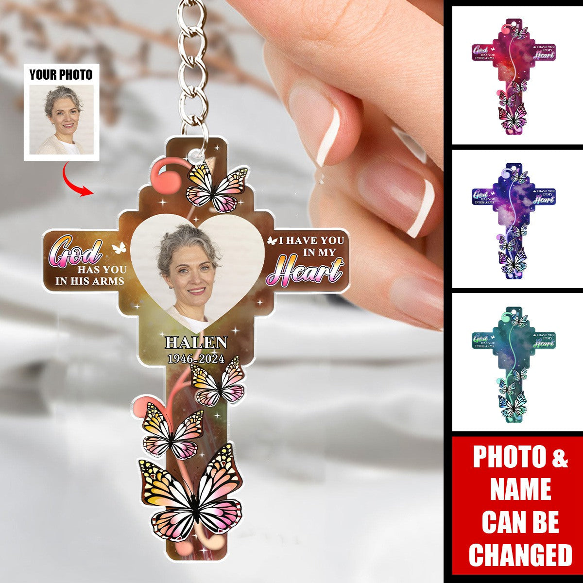 Custom Photo God Has You In His Arms - Personalized Acrylic Keychain